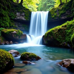 Waterfall cascades over moss covered boulders, scenery, water, stream