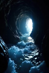 Obraz premium Water flowing through a narrow dark tunnel illuminated by soft white glow, light, shimmering