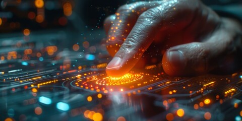 Close-up of a finger scanning a glowing fingerprint on a futuristic digital interface
