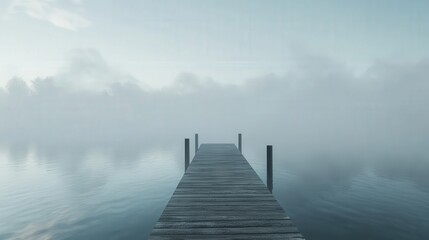 Fototapeta premium a wooden dock extends into a foggy lake