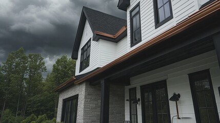 Elegant suburban home exterior under dramatic stormy skies