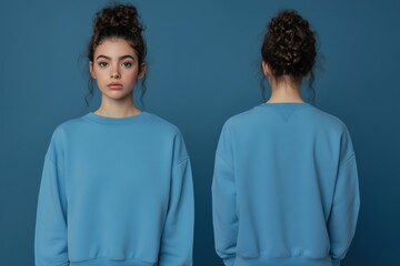 A young woman with curly hair wearing a blue color sweatshirt mockup is shown from the front and back against a matching blue background.