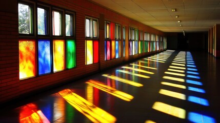 Interior with colorful stained glass windows and bold shadow patterns