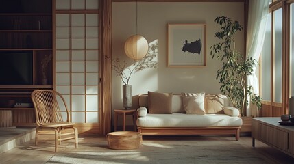 Serene Minimalist Living Room: Sunlit Japanese-Style Interior Design