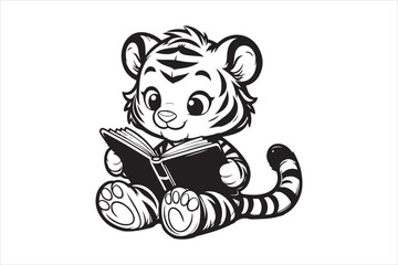 Cute Baby tiger Reading Book Cartoon outline 