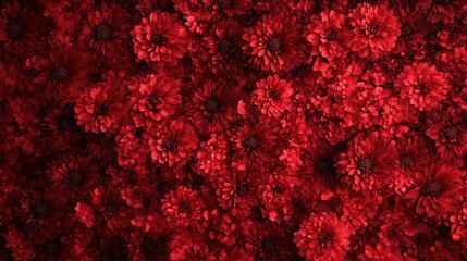 Crimson Chrysanthemum Carpet: A breathtaking, high-angle close-up shot reveals a dense tapestry of rich crimson chrysanthemum blooms, creating a captivating and intensely colored floral background.