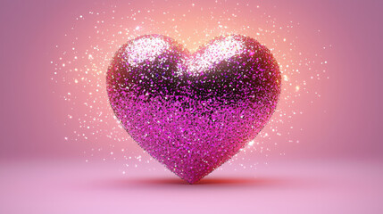 Glittering pink heart with sparkling particles on pastel pink background