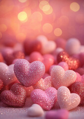 Glittery pink and red hearts with soft bokeh background create romantic atmosphere