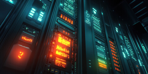 Obraz premium A close-up shot displays a server rack with illuminated status indicators and digital displays. The setting is a modern data center, showcasing high-tech computing equipment at nighttime.