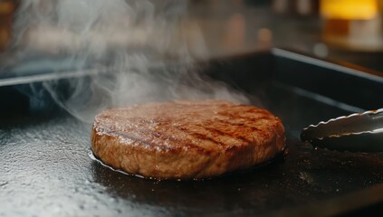 グリルでジュウジュウ焼かれるジューシーなハンバーガーパティの調理シーン