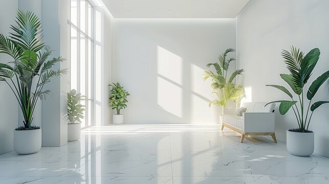 Minimalist office space with clean white walls, simple furniture, and potted plants, creating a serene environment.