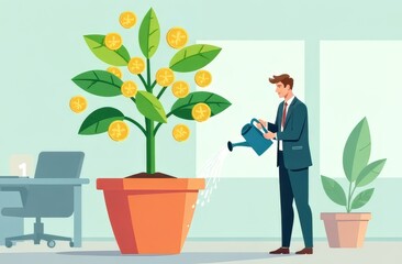 The concept of investment, profit, capital gain. A man in a business suit is watering a plant in a pot from a blue watering can, on the branches of which gold coins grow, gold coins are lying in stack
