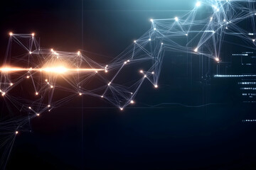 Obraz premium Abstract data network connection visualization, glowing nodes and lines, digital code background, for tech and AI presentations