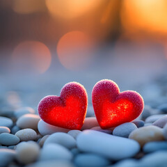 Obraz premium Romantic Scene of Red Hearts on Pebbles by the Ocean at Sunset.