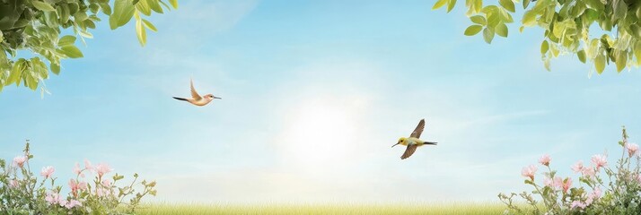 Fototapeta premium Springtime Birds in Flight - Two birds soar, symbolizing freedom, nature, peace, serenity, and hope. A tranquil scene.