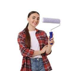 Portrait of young decorator with paint roller on white background