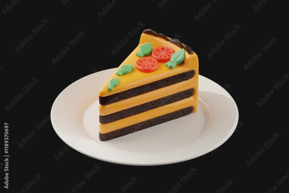 Poster a delicious three-layered cake designed as a pizza slice with tomato and basil toppings.