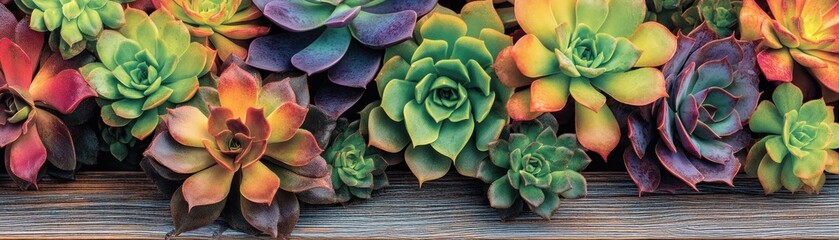 Obraz premium Colorful succulents on wood, garden background, nature textures, home decor