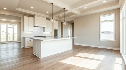 Modern White Kitchen: Sunlit Island and Hardwood Floors