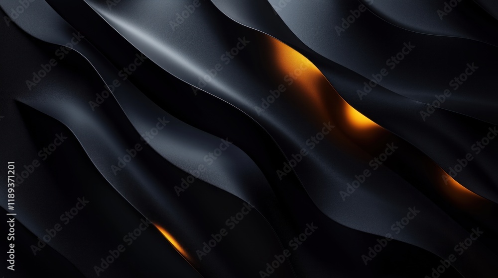 Poster abstract black background features flowing lines. radiant soft glow highlights fluid design. visuall