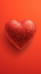 Glittery red heart on vibrant coral background, evoking love and passion