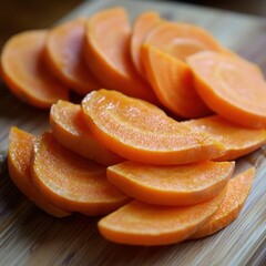 Closeup of Sliced Fresh Juicy Orange Carrots on Wooden Board, Healthy Food Photography
