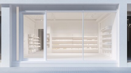 Minimalist store interior with white shelves and bright lighting.