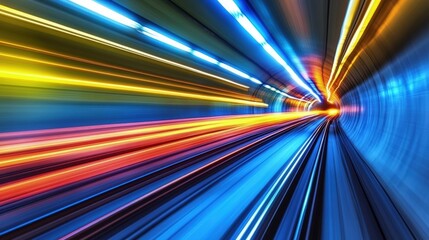 3D neon light trails creating a spiraling motion through a vast digital space.