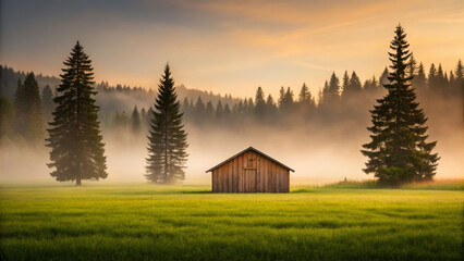 Tranquil misty landscape over meadow with wooden cabin forested hills nature photography serene atmosphere eye level view
