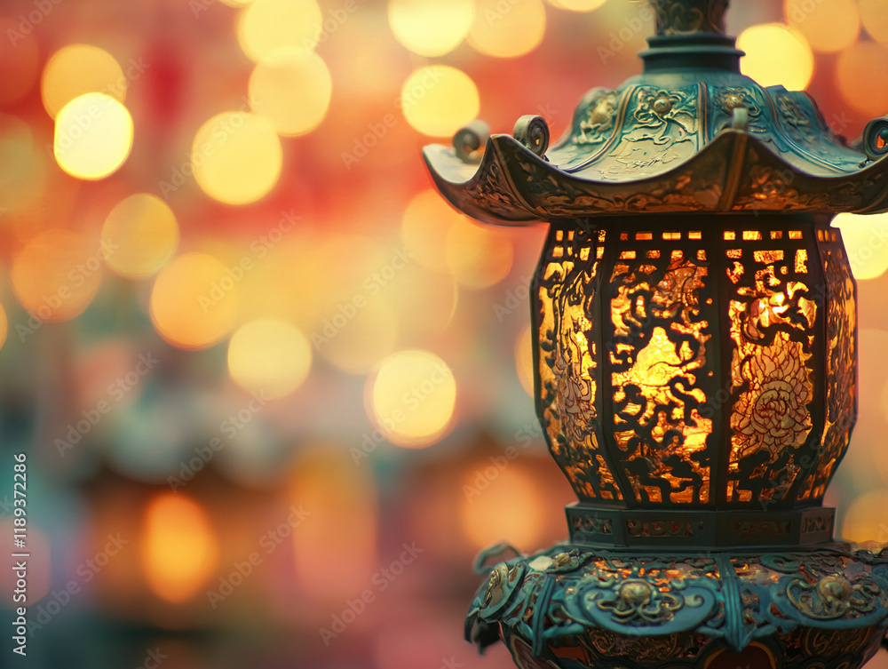Aufkleber decorative lantern with intricate metal design and glowing light bokeh background