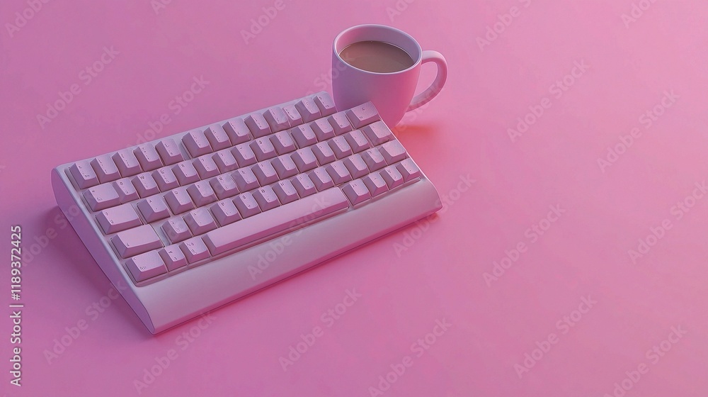 Poster top view of computer keyboard and coffee cup on pink background