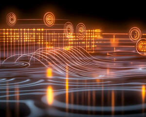 Abstract digital data flow, glowing network, technology concept, dark background, website banner