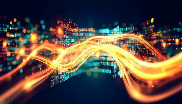 Abstract digital data flow, glowing wave, binary code background, technology concept, website banner