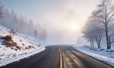 Obraz premium White fog covering a winding road on a winter morning, frosty conditions, snow covered road