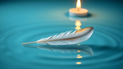 stock photo, soft pastel colors Bright lens flare illuminates a bird feather gently drifting on azure water. 