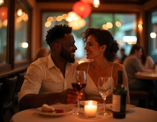 couple drinking wine in bar and celebrating wedding day or birthday or Valentine's