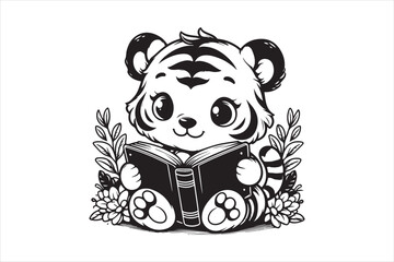 Cute Baby tiger Reading Book Cartoon outline 