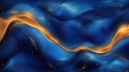 Abstract image shows swirling blue, gold colors. Gold particles flow in wavy patterns. Design modern, elegant. Perfect for backgrounds wallpaper. Dynamic, luxury style. Illustrates luxury,