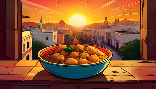Traditional Tunisian chickpea soup, Lablabi, Lablebi ,Tunisian with  a view of the old town Medina of Tunis