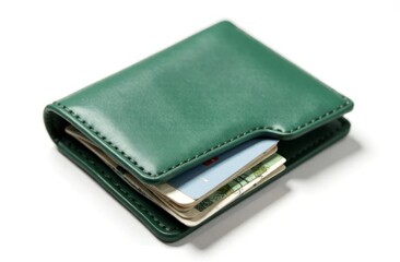 Close-up of Wallet green color genuine leather texture with banknotes and credit card inside isolated on white background, Male purse