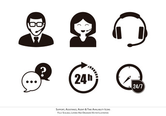 Professional Support & Assistance Icons - Agent and Time Availability Vector Graphics