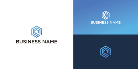 Abstract hexagon logo design with gradient blue color on white, blue, and dark blue background.