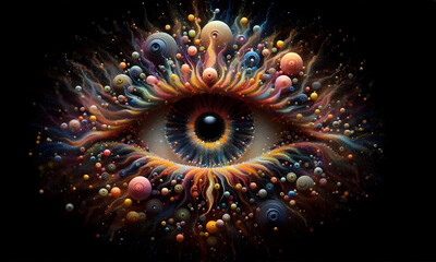 Kunstvoll gestaltetes Auge / Iris mit bunten Tropfen auf schwarzem Hintergrund
