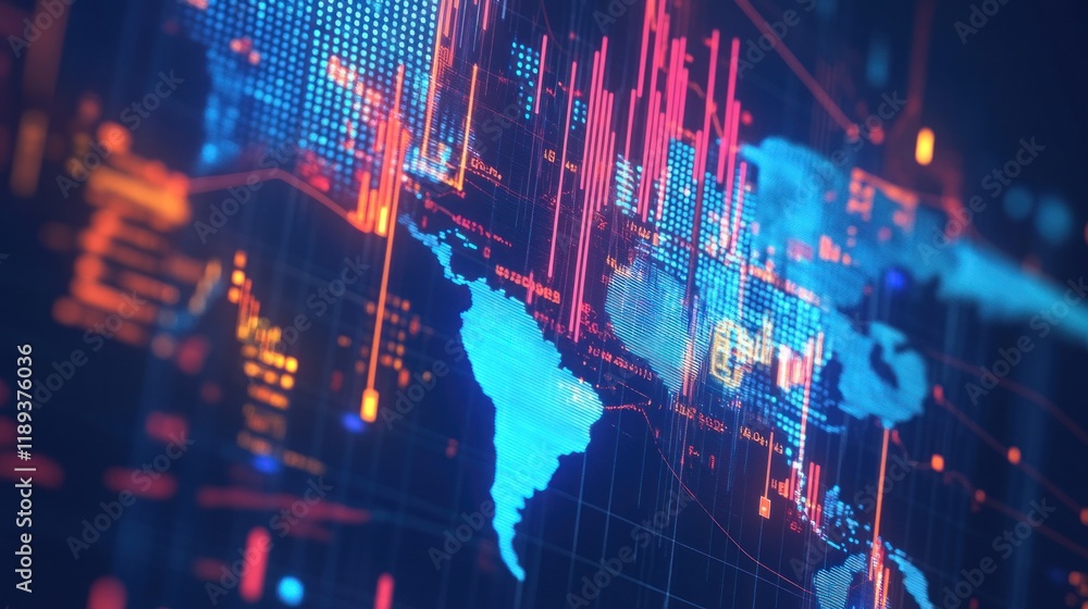 Poster global network data visualization futuristic technology digital world map displaying financial marke