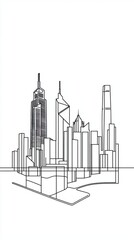 Minimalist line art of a modern city skyline featuring tall buildings and unique architectural designs.