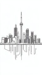 Minimalist black and white illustration of a city skyline featuring tall buildings and a prominent tower.