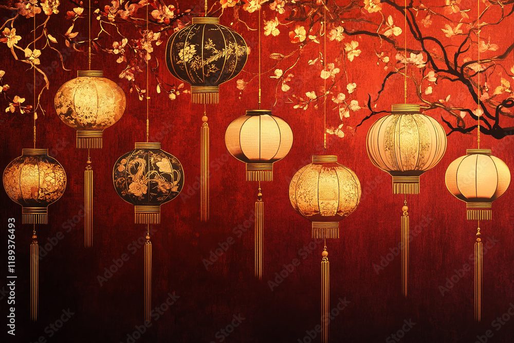 Poster elegant hanging lanterns with floral patterns on a red festive background