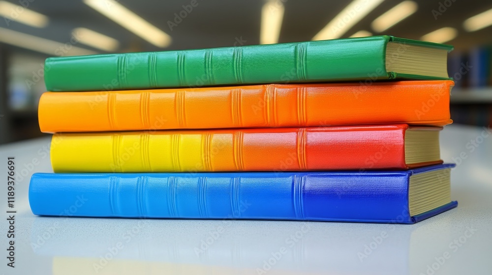 Aufkleber vibrant color-coordinated books stacked in a library setting on a white table