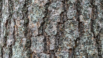 Obraz premium Detailed macro shot of rough tree bark with deep grooves jagged edges moss and lichen creating a rich textured surface