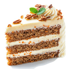 Delicious Three-Layered Carrot Cake Slice with Pecan Topping and Creamy Frosting